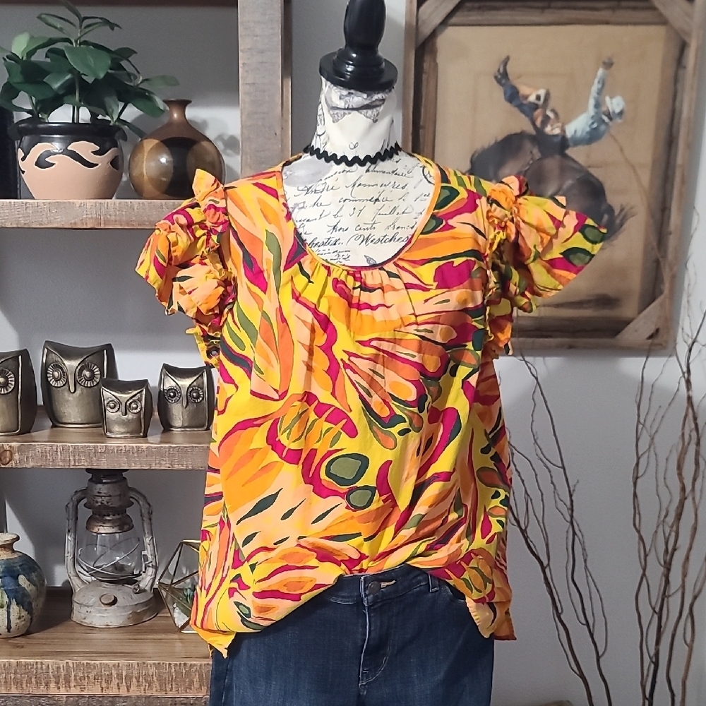 Terra & Sky Yellow Multicolor Ruffle Sleeve Blouse